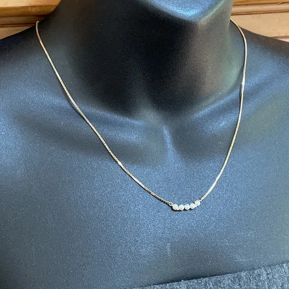 Solid 14K Italy Vintage Modern 5 Pearls Necklace Box Link Chain Lobster Clasp
